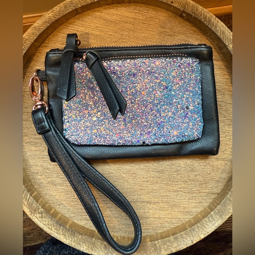 Madden Girl Black Wristlet with Glitter Front Pocket and Rose Gold Accents